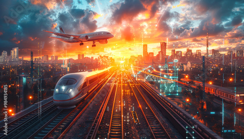 A train is traveling down a track next to a city. The train is surrounded by a cityscape with buildings and a large airplane flying overhead. The sky is filled with clouds and the sun is setting