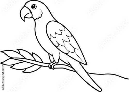 Colorful Parrot Perched on a Branch Vector Illustration for Kids Coloring Fun
