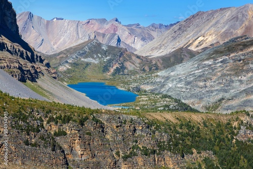 Redoubt Lake Aerial View, Distant Mountain Peaks Landscape.  Scenic Summertime Hiking and Climbing Skoki Area Banff National Park, Canadian Rockies photo