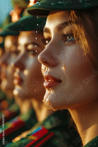 Beautifully made up russian women in uniforms stand in line at a rainy outdoor parade ground