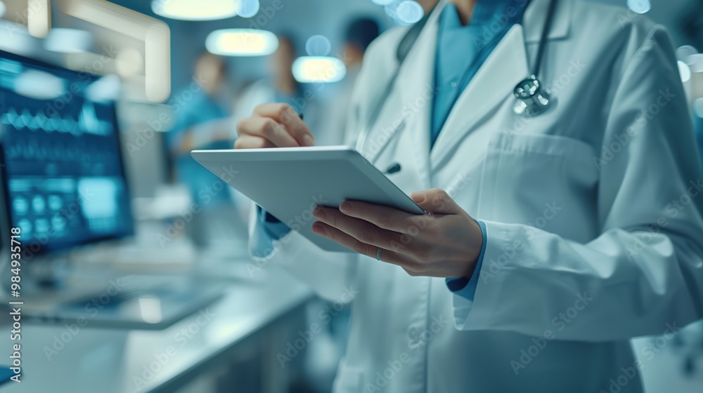 A Healthcare Professional Utilizing a Tablet in a Modern and Advanced Medical Environment Setting A Healthcare Professional Utilizing a Tablet in a Modern and Advanced Medical Environment Setting