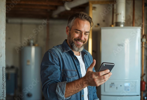 Handsome mature home owner in basement using smart phone to check on HVAC, electrical, plumbing. Technology technician in the service industry, quote, testimonial, blue collar worker
