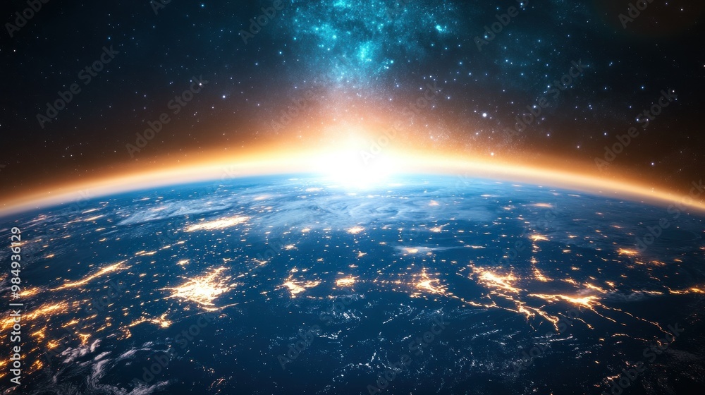 Fototapeta premium Earth from Space with City Lights and Milky Way Galaxy