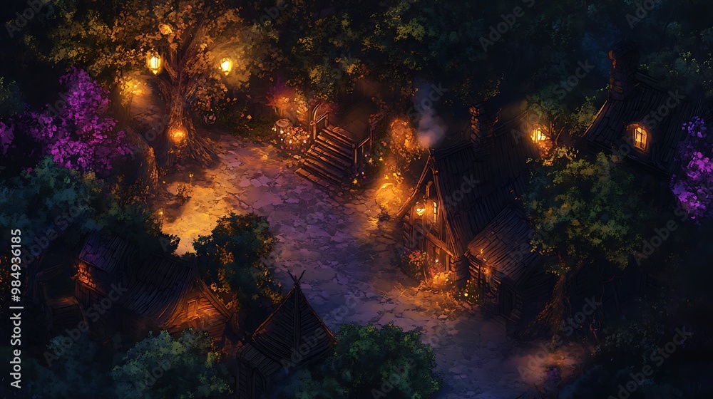 Fantasy village at night with river, lanterns, and trees, aerial view Fantasy village at night with river, lanterns, and trees, aerial view