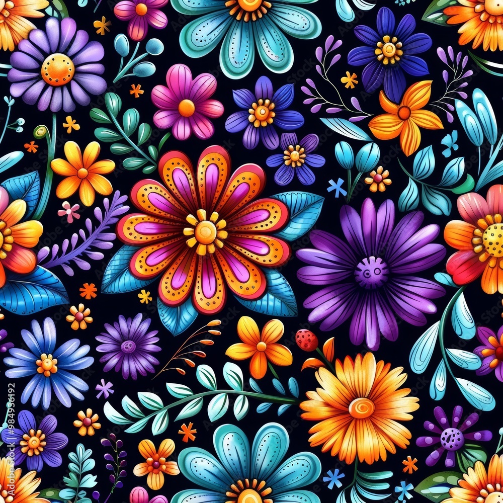 Seamless pattern of retro wildflowers in red, blue, orange, and purple for Cottagecore fabric design Seamless pattern of retro wildflowers in red, blue, orange, and purple for Cottagecore fabric design