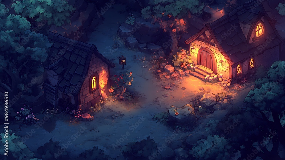 Fantasy Forest Cabin with Warm Lights at Night Fantasy Forest Cabin with Warm Lights at Night