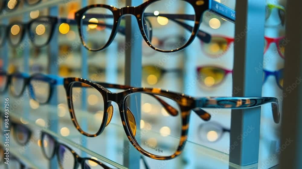 Eyeglasses displaying on shelves reflecting light