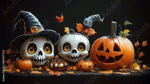 Adorable Halloween Witches and Pumpkins - Festive Holiday Illustrations