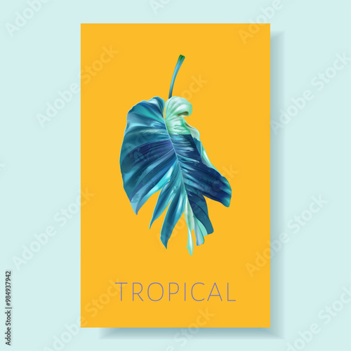 Vector banner of color tropical leaves on colorful background. Exotic botanical design for cosmetics, spa, perfume, beauty salon, travel agency, florist shop. Best as packaging design