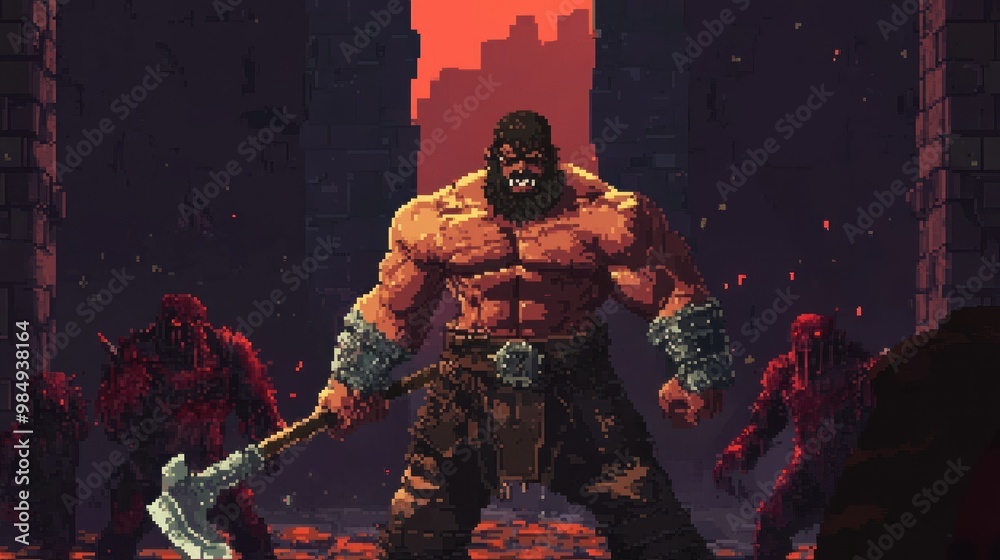 Fototapeta premium Muscular Barbarian Warrior Standing with Axe in a Pixel Art Style