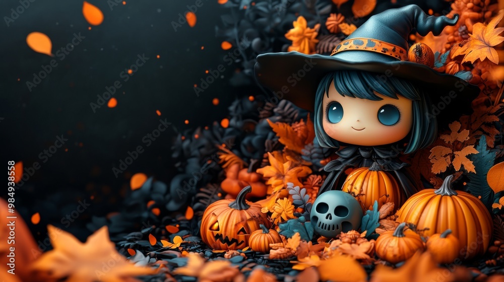 Fototapeta premium Adorable Halloween Witches and Pumpkins - Festive Holiday Illustrations