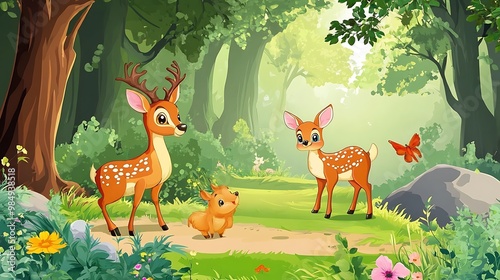 Wallpaper Mural Cute Cartoon Deer Family in a Sunny Forest Illustration Torontodigital.ca