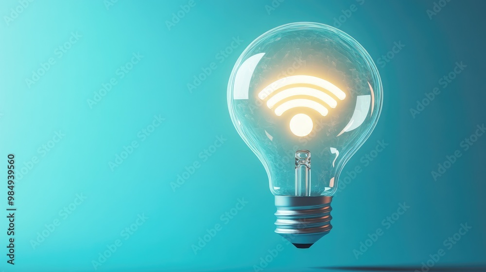 A light bulb with a wifi symbol inside, lit against a blue background.