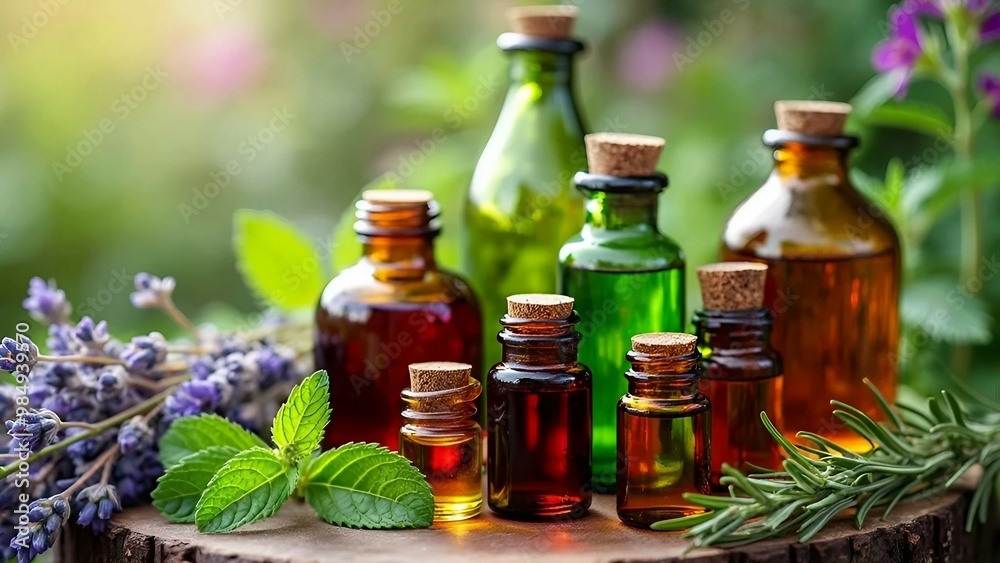 Collection of essential oil bottles with herbs and flowers Collection of essential oil bottles with herbs and flowers