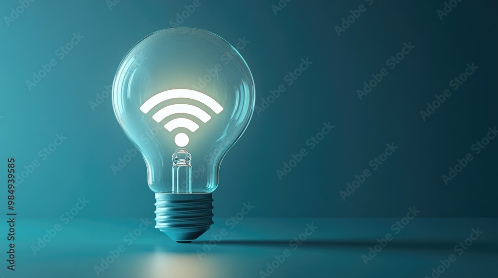 Light bulb with a glowing wifi symbol inside on a blue background. Light bulb with a glowing wifi symbol inside on a blue background.