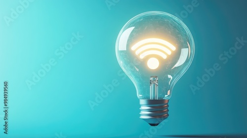 A light bulb with a wifi symbol inside, lit against a blue background.