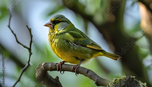 European greenfinch gracefully perched among the branches of a tree photo