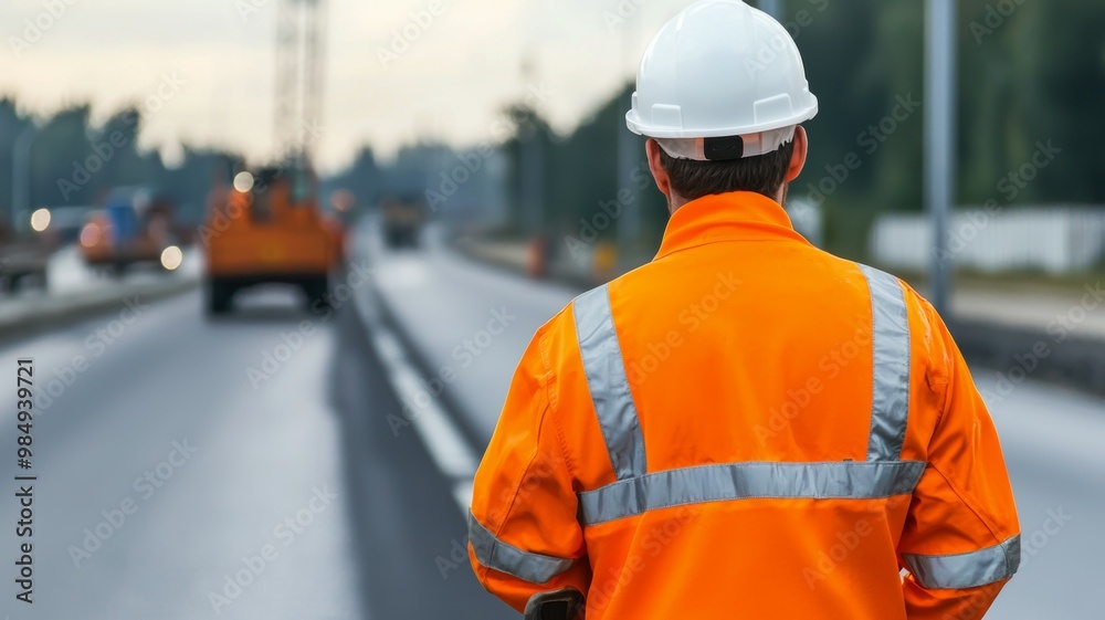 A man in a safety vest stands on a road next to a truck A man in a safety vest stands on a road next to a truck