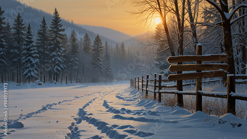 A rustic wooden signpost stands in a blanket of freshly fallen snow in the mountain forest photo