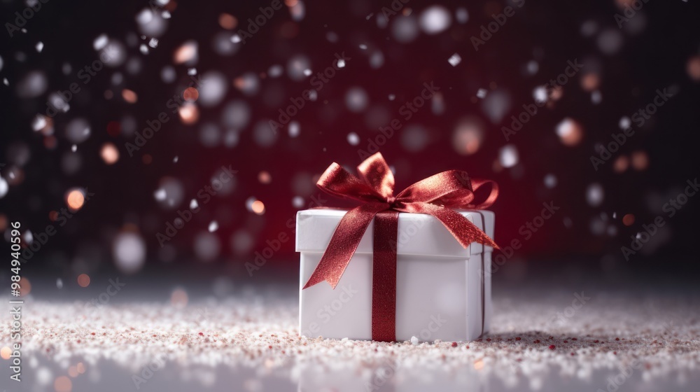 White Gift Box with Red Ribbon in Winter Wonderland White Gift Box with Red Ribbon in Winter Wonderland
