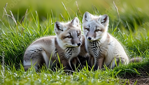 Playful Arctic fox cubs engage in a lively tussle in a vibrant meadow photo