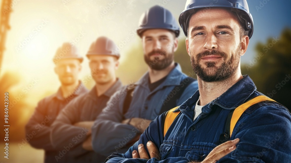 A group of men wearing hard hats and blue jackets are posing for a picture A group of men wearing hard hats and blue jackets are posing for a picture