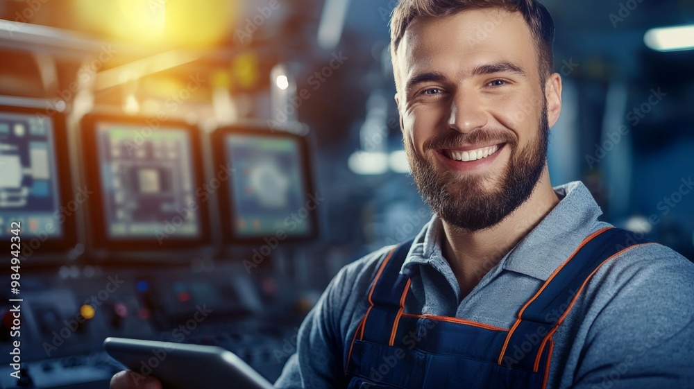 A man with a beard is smiling and holding a tablet A man with a beard is smiling and holding a tablet