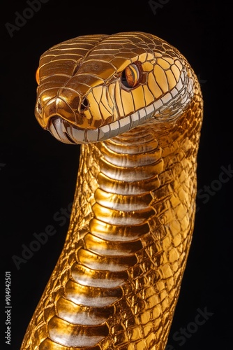 This striking golden cobra sculpture highlights fine craftsmanship with detailed scales and an impressive pose set against black photo