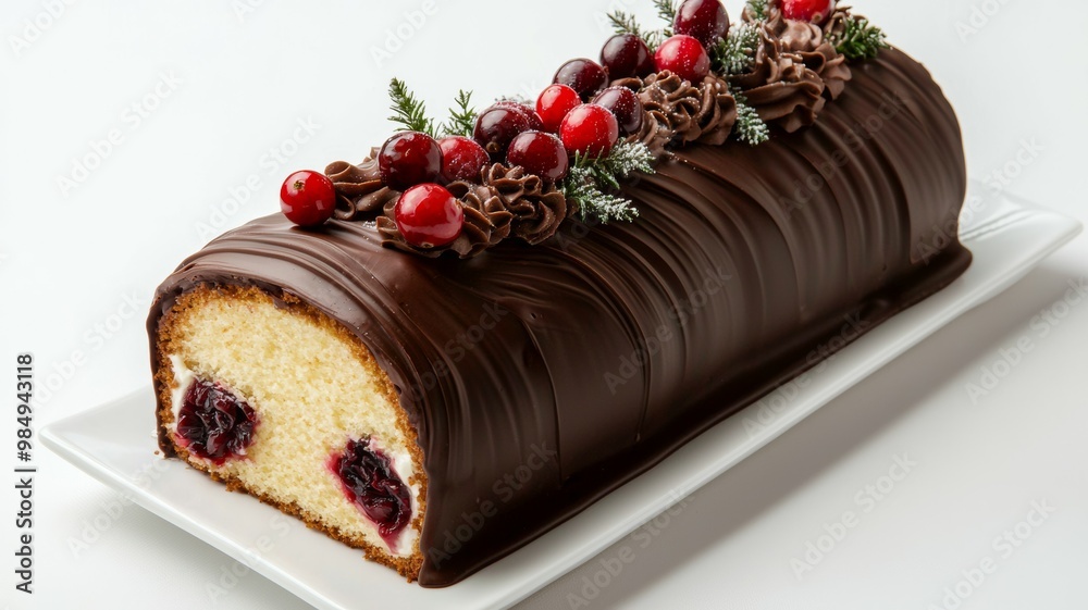 A chocolate cake with a white filling and berries on top A chocolate cake with a white filling and berries on top