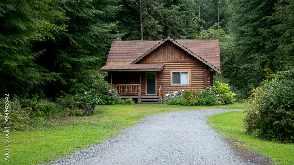 A small log cabin with a porch and a driveway A small log cabin with a porch and a driveway