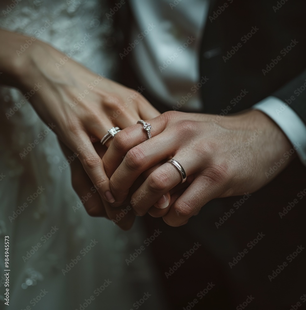 Couple holding hands with wedding rings, capturing love and commitment in an intimate moment during their ceremony Couple holding hands with wedding rings, capturing love and commitment in an intimate moment during their ceremony