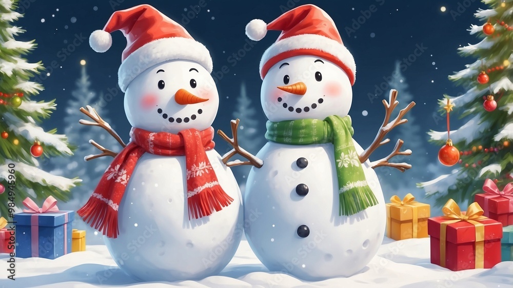 Fototapeta premium Two cute christmas snowman on xmas background