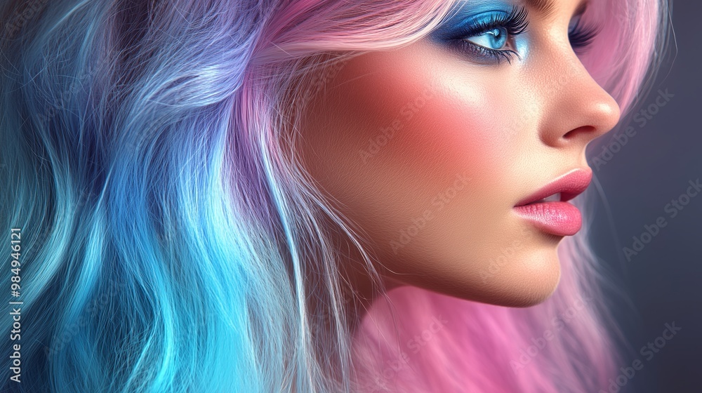 Close-up of a woman with straight colored hair wearing soft colored makeup. A beautiful woman with colorful stylish hair. Close-up of a woman with straight colored hair wearing soft colored makeup. A beautiful woman with colorful stylish hair.