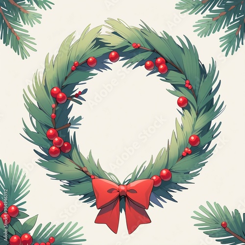 Classic Holiday Wreath: Hand-Drawn Pine Branches, Berries, and Simple Bow for a Timeless Christmas Design