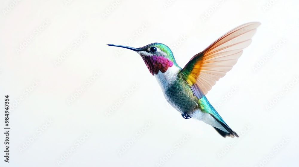A Vibrant Hummingbird in Mid-Flight Against a White Background A Vibrant Hummingbird in Mid-Flight Against a White Background