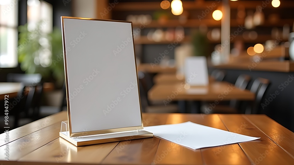 Menu frame mockup in a bar restaurant, located on a wooden table with white sheets of paper, on a blurred cafeteria background, cafe Menu frame mockup in a bar restaurant, located on a wooden table with white sheets of paper, on a blurred cafeteria background, cafe