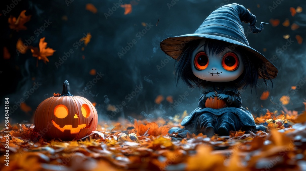 Fototapeta premium Adorable Halloween Pumpkin Characters in Witch Hats Surrounded by Autumn Leaves