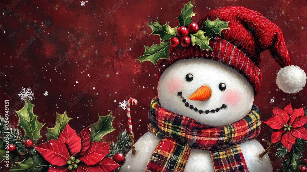 Fototapeta premium A cheerful snowman with a red hat, plaid scarf, and a candy cane smiles against a red background with falling snow and holly and poinsettia plants.