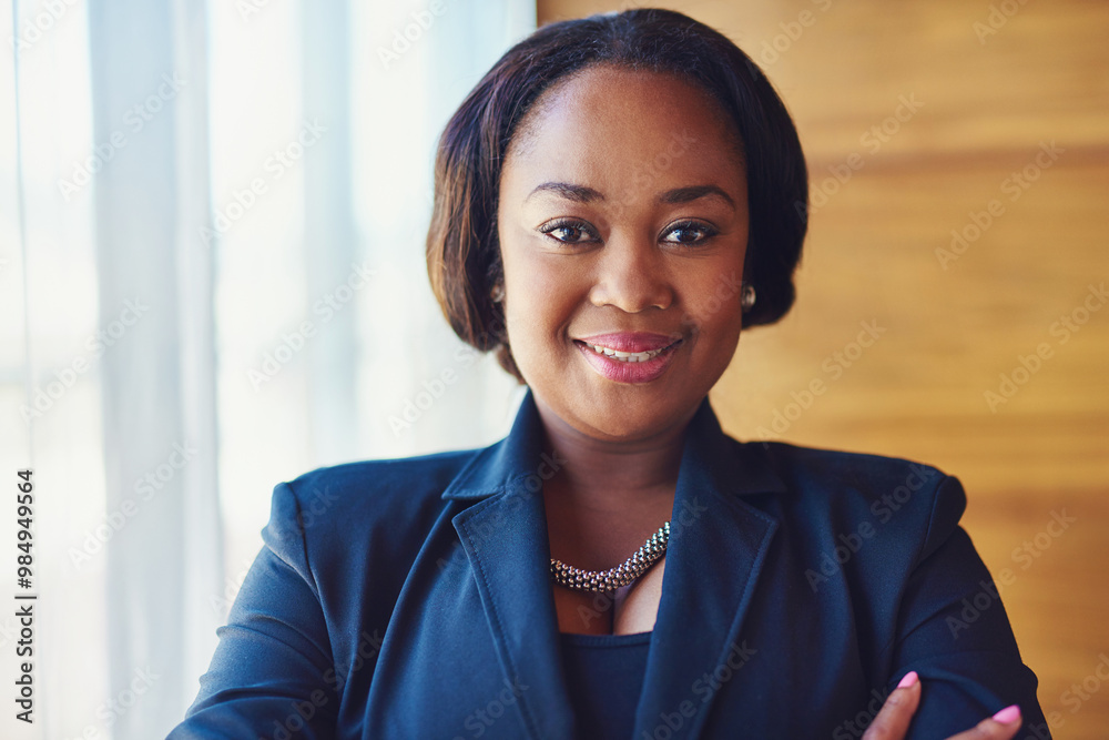 Business, black woman and smile for portrait in office, accounting company or financial experience. Professional, accountant and arms crossed, about us and corporate career for investment opportunity Business, black woman and smile for portrait in office, accounting company or financial experience. Professional, accountant and arms crossed, about us and corporate career for investment opportunity