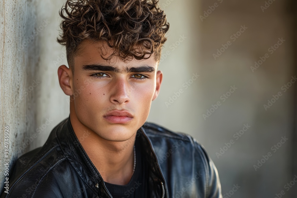 Fototapeta premium A young man with curly hair displays a confident expression while wearing a leather jacket, leaning against a textured wall