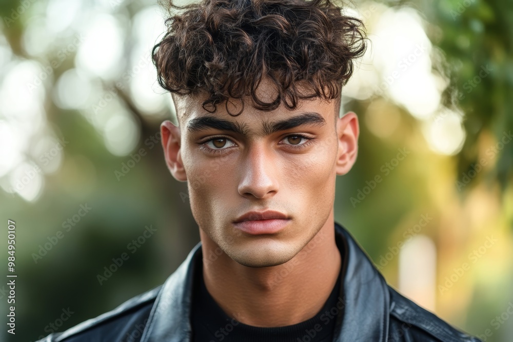 A young man with curly hair stands outdoors, showcasing a confident expression while wearing a stylish black leather jacket A young man with curly hair stands outdoors, showcasing a confident expression while wearing a stylish black leather jacket