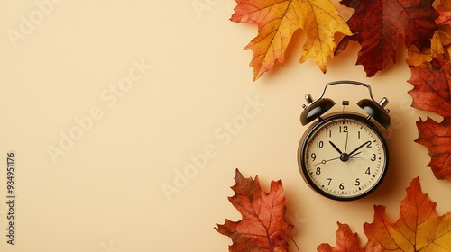 An alarm clock surrounded by autumn leaves on a beige background, symbolizing the seasonal time change. The scene evokes the 