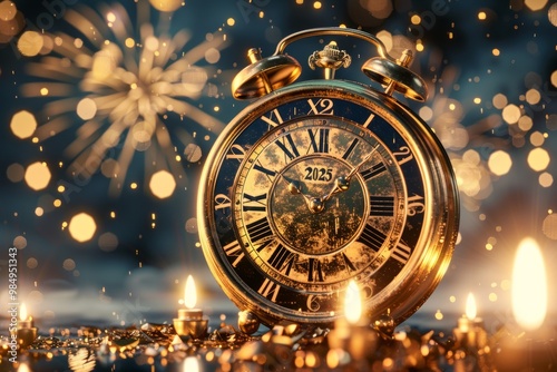 Celebrate the arrival of 2025 with a festive golden clock and vibrant fireworks on a dark background, welcoming the New Year with joy photo