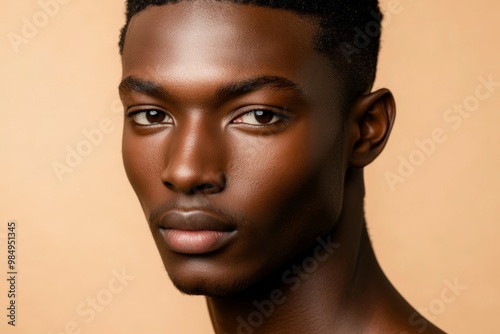 The young man poses confidently with a warm expression, showcasing his smooth skin and striking features against a neutral backdrop