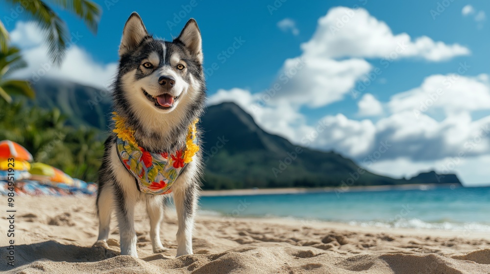 Realistic shot of an anthropomorphic husky standing on a Hawaiian beach in summer Realistic shot of an anthropomorphic husky standing on a Hawaiian beach in summer