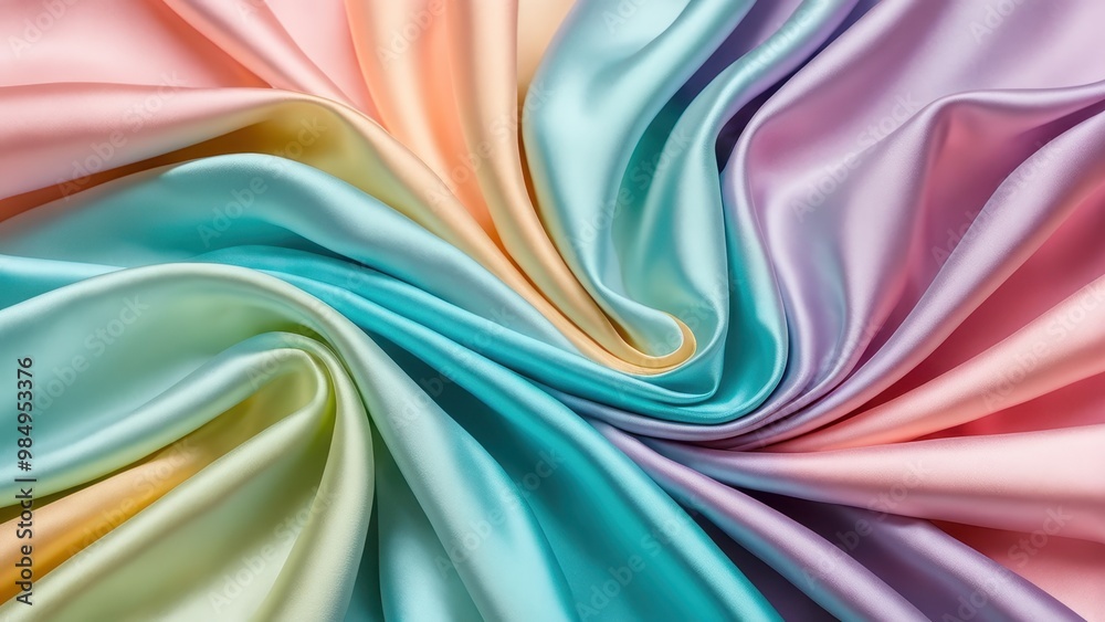 A swirl of colorful satin fabric showcasing a gradient of soft pastel hues. A swirl of colorful satin fabric showcasing a gradient of soft pastel hues.