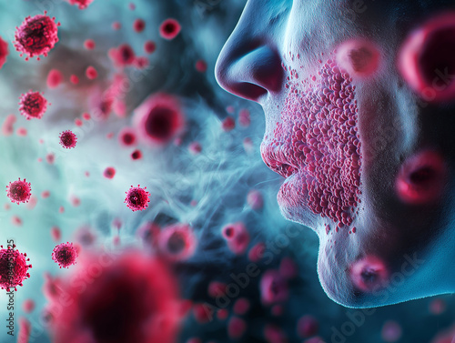 A close-up visualization of bacteria spreading through coughing, depicting red virus particles and the concept of airborne transmission in a health and medical context