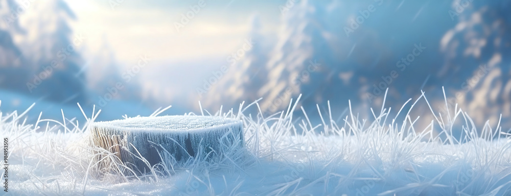 Close-up of a frosty tree stump in a snow-covered meadow on a winter morning with blurry forest background