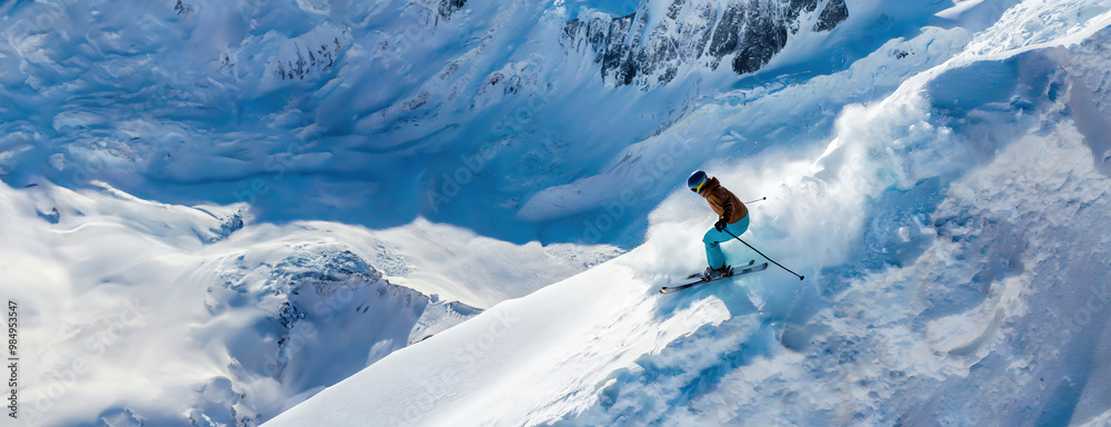 A skier in mid-action carving down a steep, snowy mountain slope, surrounded by towering icy peaks under a clear blue sky.