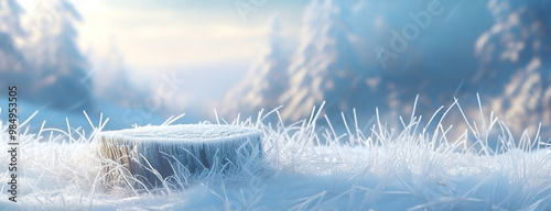 Obraz na płótnie Close-up of a frosty tree stump in a snow-covered meadow on a winter morning with blurry forest background w salonie